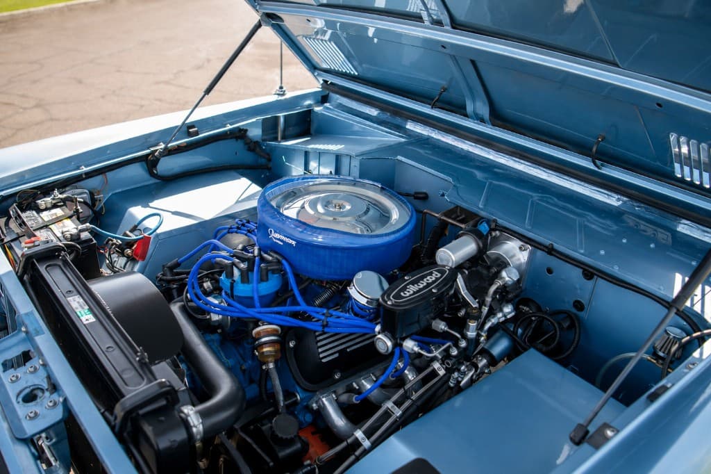 Engine bay of the restored 1970 Ford Bronco with rebuilt 302 V8
